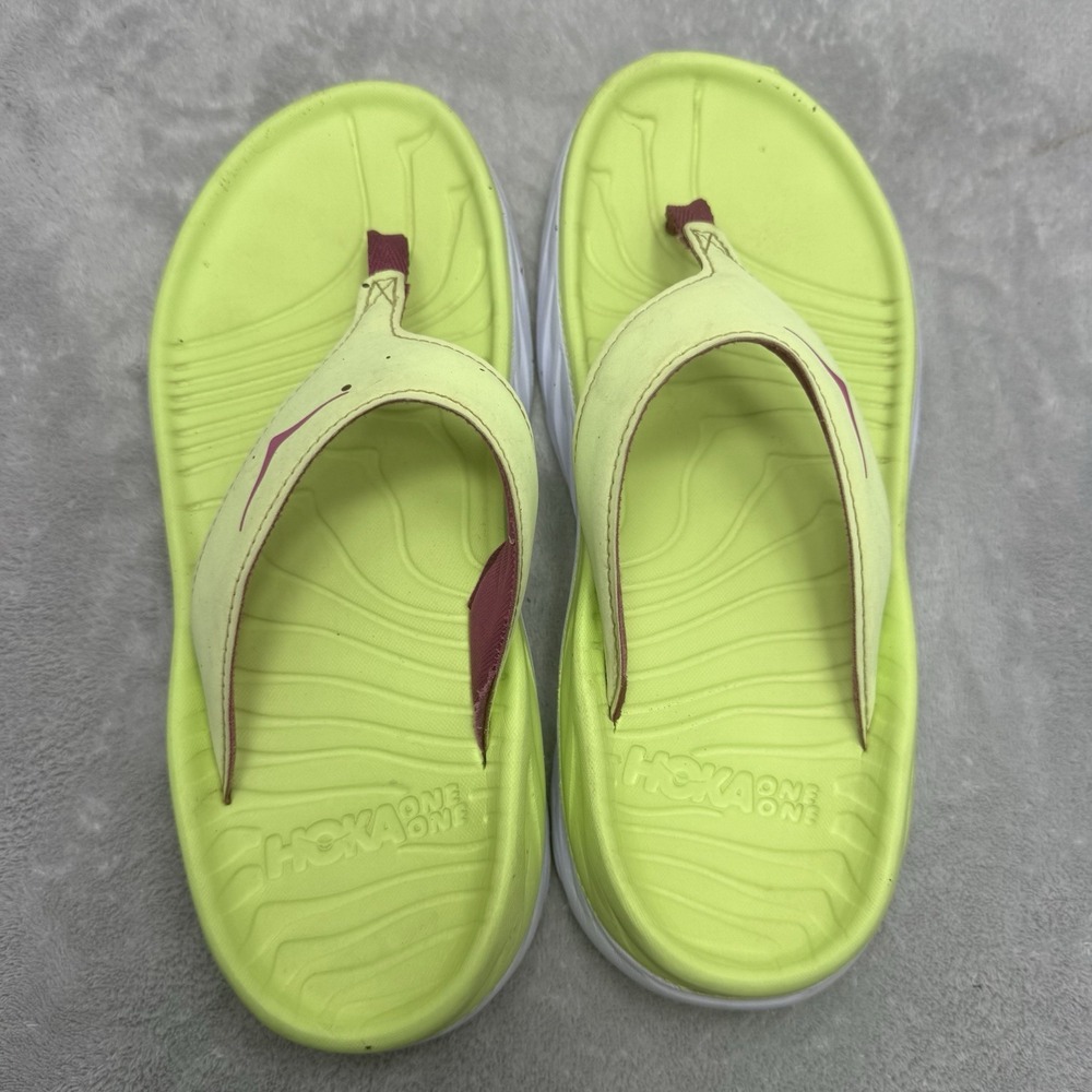 HOKA One One Women's 7 Recovery Flip Flops Lime Green Pink Comfort Sandals